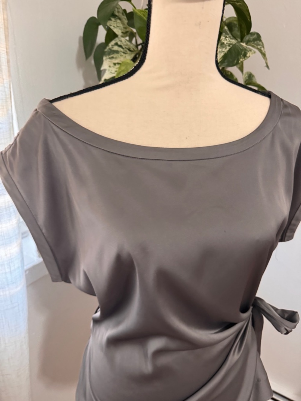 New York & Company Satin Taupe Side-Tie Blouse - Picture 6 of 7